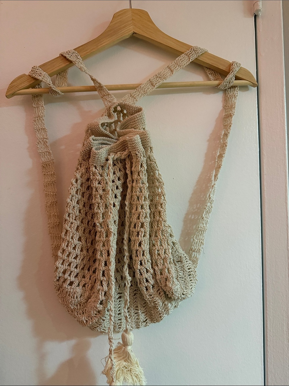 Handwoven Cream Crochet Drawstring Backpack
